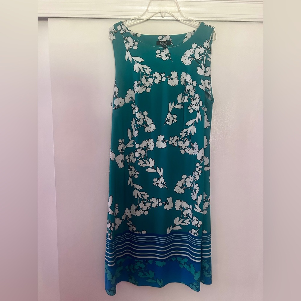 Size 12 Chaps sheath dress. Blue-green and white flowered pattern